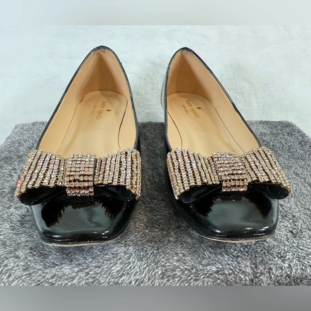 Kate Spade black patent bow rhinestone Block Heel Size 7.5